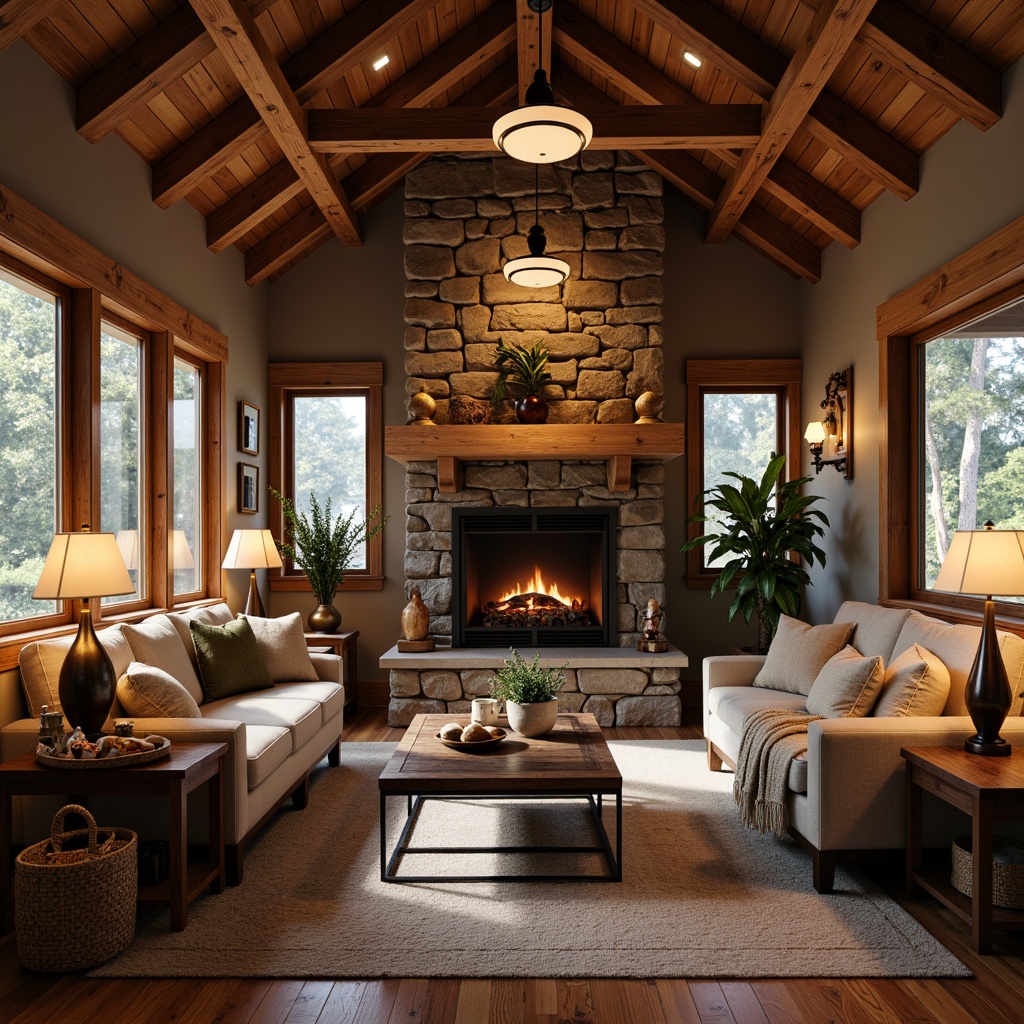 Prompt: Warm and inviting Craftsman interior, rustic wooden beams, earthy color palette, natural stone fireplace, cozy reading nook, warm table lamps, pendant lighting fixtures, metal lanterns, frosted glass shades, soft warm glow, ambient lighting, layered lighting design, dimmable LED lights, bronze metal accents, rich wood tones, comfortable seating areas, plush throw blankets, nature-inspired textiles, warm color scheme, relaxing atmosphere, afternoon sunlight, subtle shadows, 1/2 composition, realistic rendering.