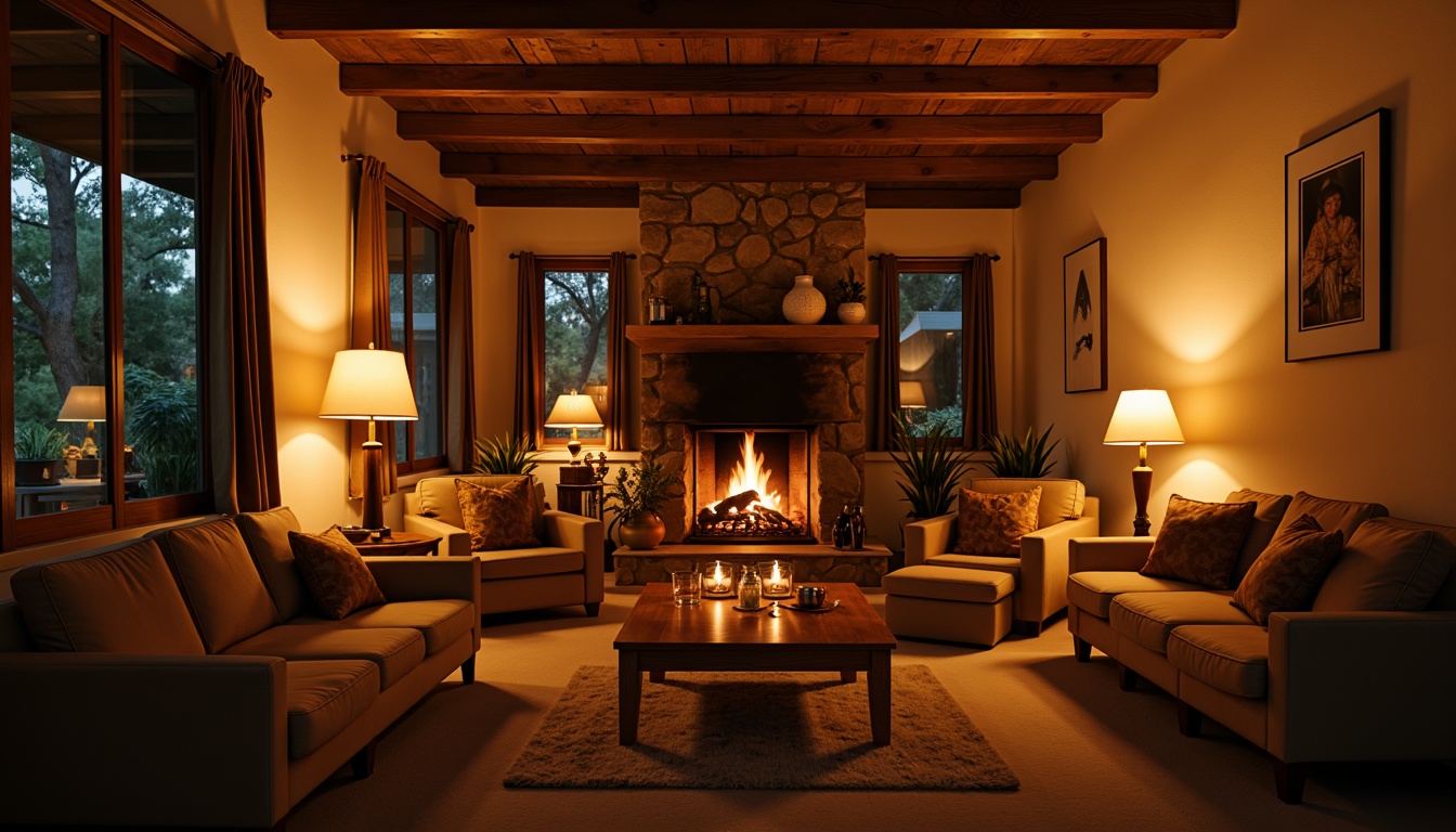 Prompt: Warm candlelight, soft box lights, cozy floor lamps, dimmable ceiling fixtures, warm beige walls, plush textiles, comfortable seating areas, rustic wooden accents, natural stone fireplaces, crackling flames, golden hour lighting, subtle shadows, gentle ambient glow, soft focus, shallow depth of field, 2/3 composition, intimate atmosphere, relaxing ambiance.