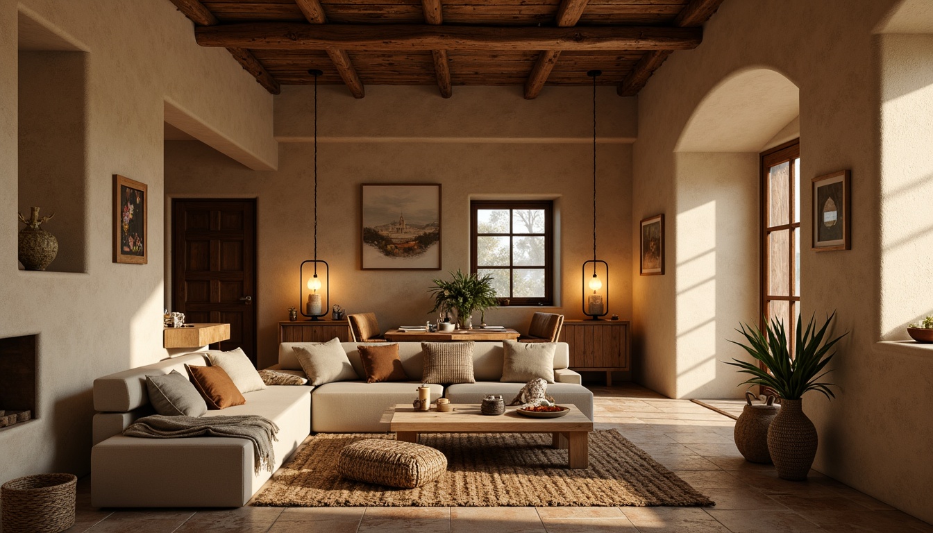 Prompt: Earthy tones, warm beige walls, natural stone flooring, wooden accents, cozy furniture, plush textiles, soft cushions, woven baskets, vintage decor, rustic metal fixtures, earthy scent, candlelight ambiance, warm golden lighting, shallow depth of field, 1/1 composition, realistic textures, ambient occlusion.