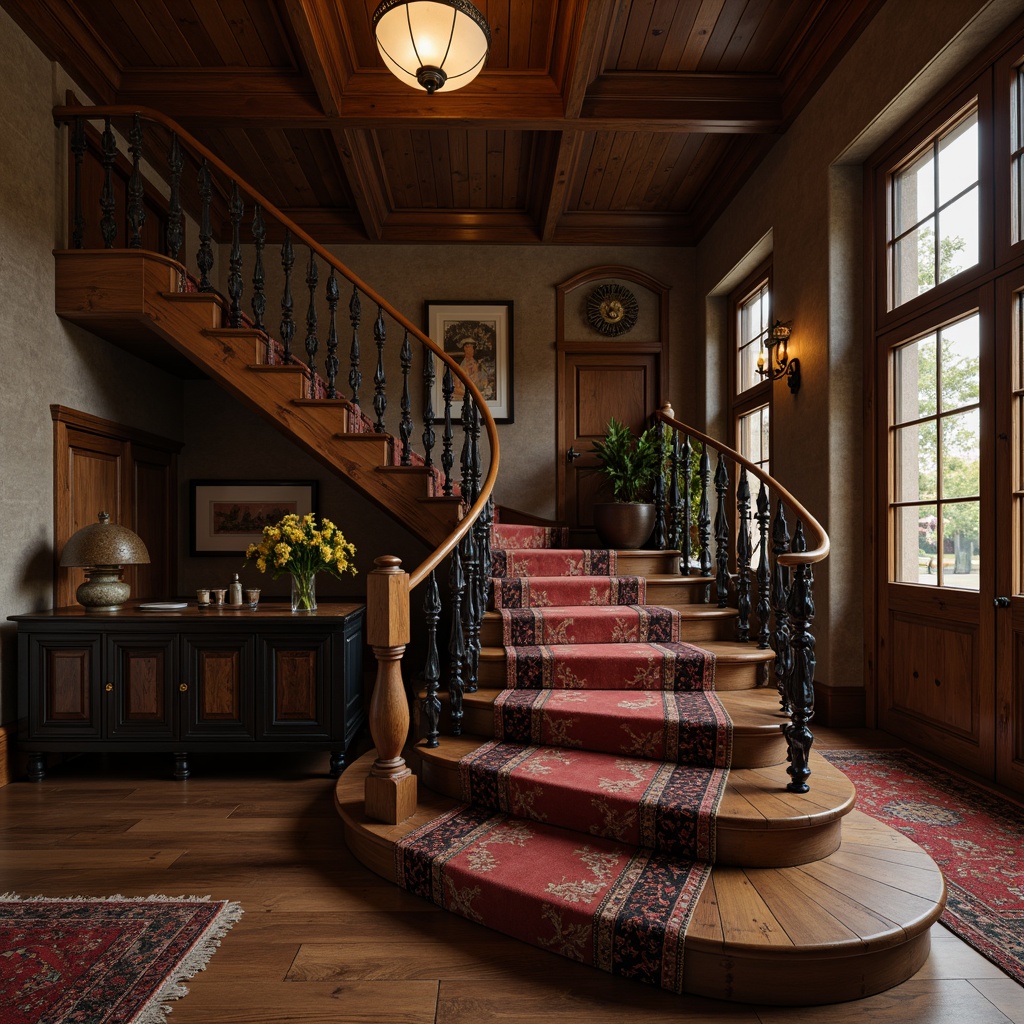 Prompt: Rustic wooden treads, distressed finishes, ornate metal balusters, grand staircase, luxurious vernacular style, opulent furnishings, rich wood tones, velvet textiles, intricate carvings, natural stone walls, dim warm lighting, shallow depth of field, 2/3 composition, realistic textures, ambient occlusion.