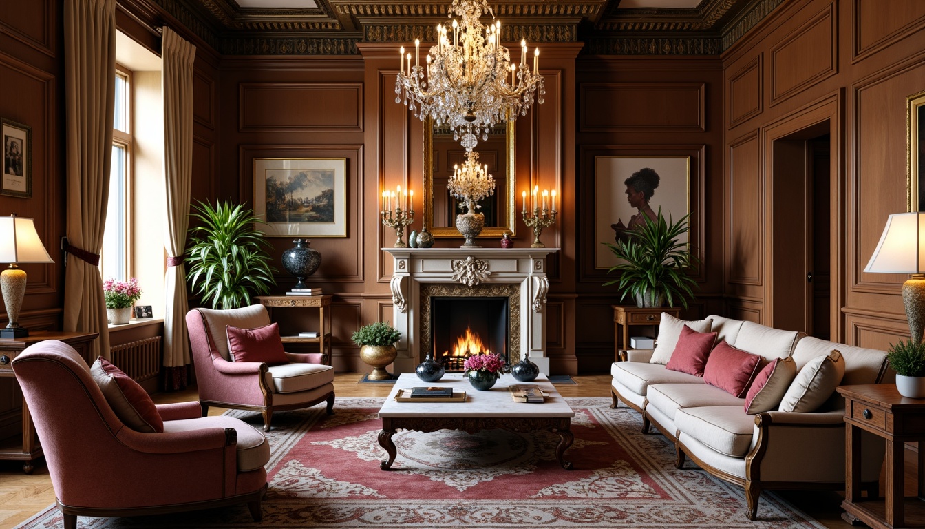 Prompt: Elegant living room, neoclassical style, ornate wooden furniture, carved armchairs, velvet sofas, marble coffee tables, crystal chandeliers, gilded mirrors, intricate moldings, high ceilings, arched windows, soft warm lighting, rich brown wood tones, luxurious fabrics, subtle patterns, classic proportions, symmetrical composition, 1/1 aspect ratio, realistic textures, ambient occlusion.