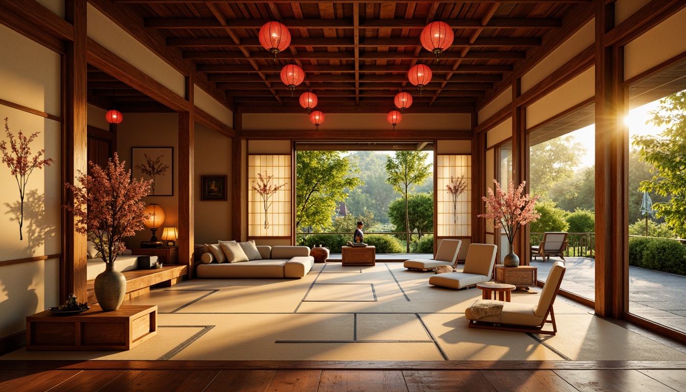 Prompt: Rich wooden accents, traditional Japanese tatami mats, warm golden lighting, crimson red lanterns, vibrant green bamboo shoots, natural stone walls, earthy terracotta floors, elegant cherry blossom motifs, minimalist Shoji screens, subtle rice paper textures, soft cream-colored fabrics, tranquil water features, serene bonsai trees, delicate ceramic vases, harmonious balance of yin and yang elements, 1/2 composition, warm and inviting atmosphere, realistic wood grain details, ambient occlusion.