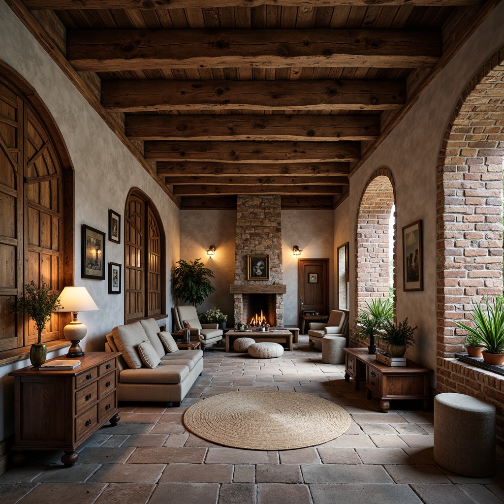 Prompt: Rustic wooden beams, vintage metal accents, distressed brick walls, earthy color palette, natural stone flooring, woven textiles, antique furniture pieces, soft candlelight, warm cozy atmosphere, shallow depth of field, 1/2 composition, realistic textures, ambient occlusion.