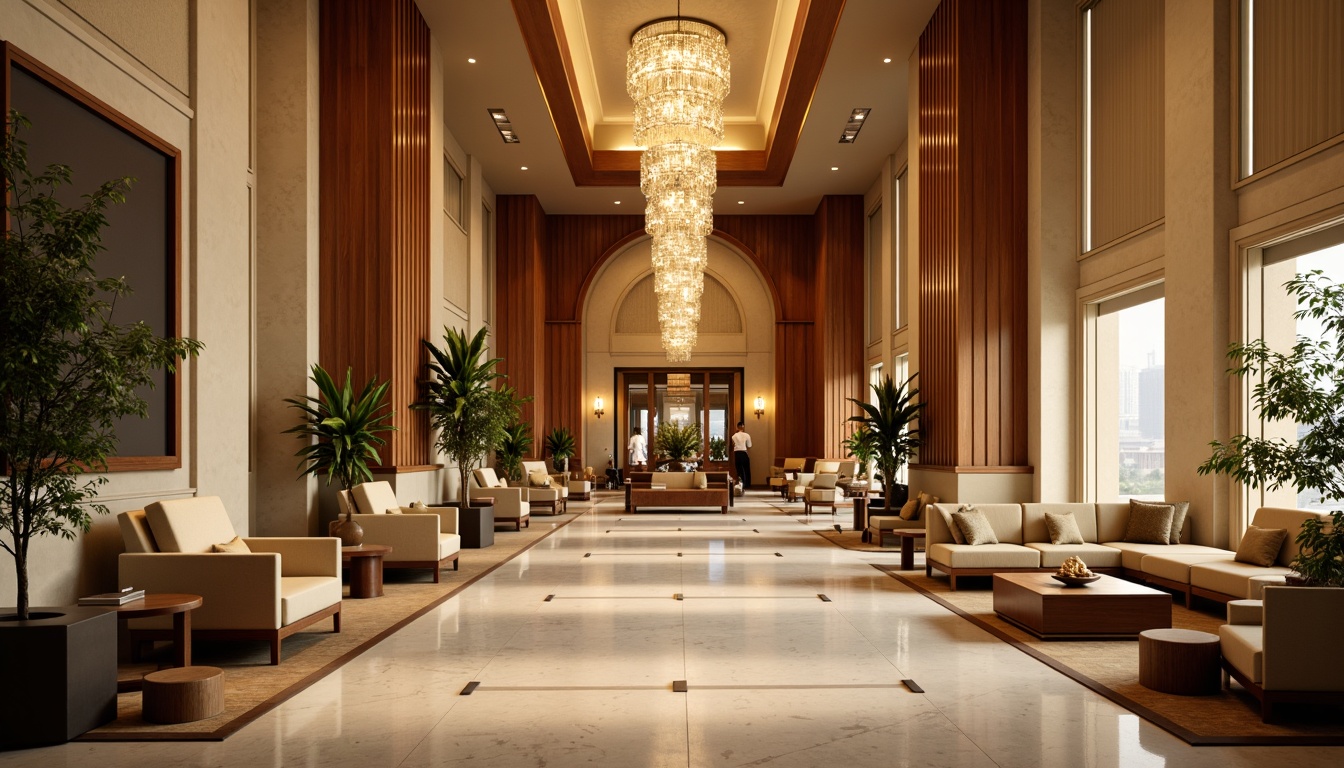 Prompt: Luxurious hotel lobby, rich wood accents, warm beige walls, plush velvet furniture, soft golden lighting, elegant chandeliers, polished marble floors, lavish greenery, natural stone columns, modern minimalist decor, calming earthy tones, serene atmosphere, soft focus, 1/1 composition, warm color temperature, inviting ambiance.