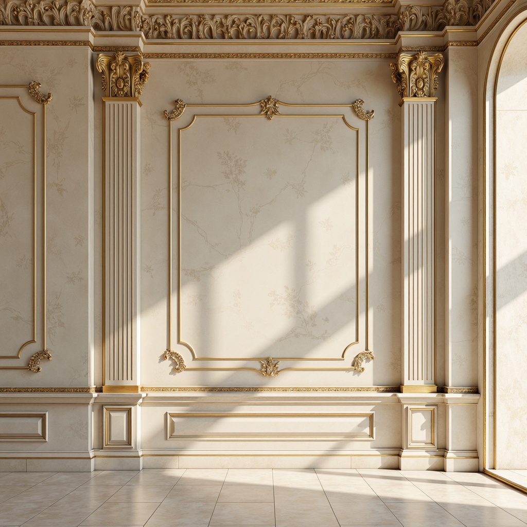 Prompt: Elegant wall finishes, ornate moldings, intricate carvings, gilded details, classical motifs, symmetrical compositions, polished marble surfaces, vein-cut travertine patterns, cream-colored stucco textures, subtle sheen, soft warm lighting, shallow depth of field, 3/4 composition, panoramic view, realistic textures, ambient occlusion.