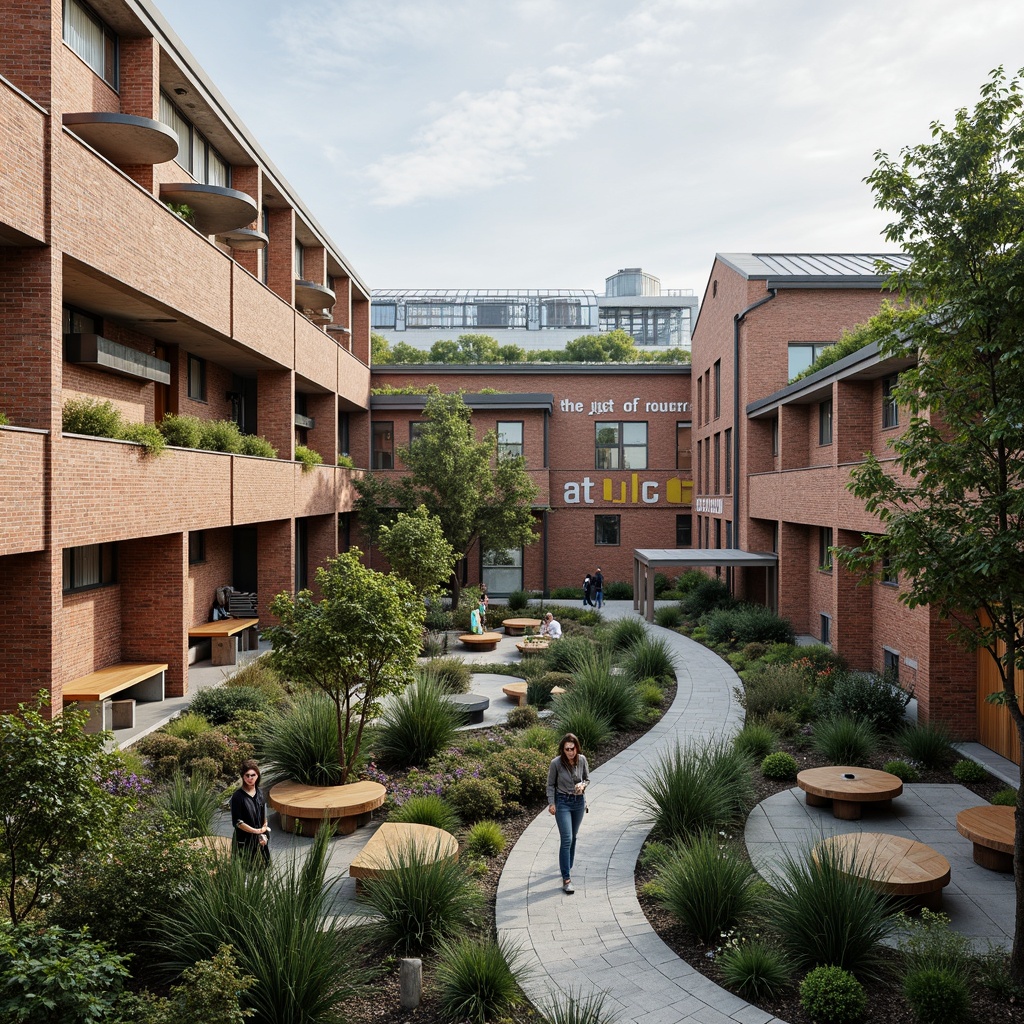 Prompt: Rustic educational campus, weathered brick buildings, durable steel frames, reinforced concrete structures, sustainable green roofs, solar panels, eco-friendly materials, low-maintenance landscaping, vibrant outdoor spaces, colorful murals, inspirational quotes, natural stone pathways, modern classrooms, energy-efficient systems, soft warm lighting, shallow depth of field, 3/4 composition, realistic textures, ambient occlusion.