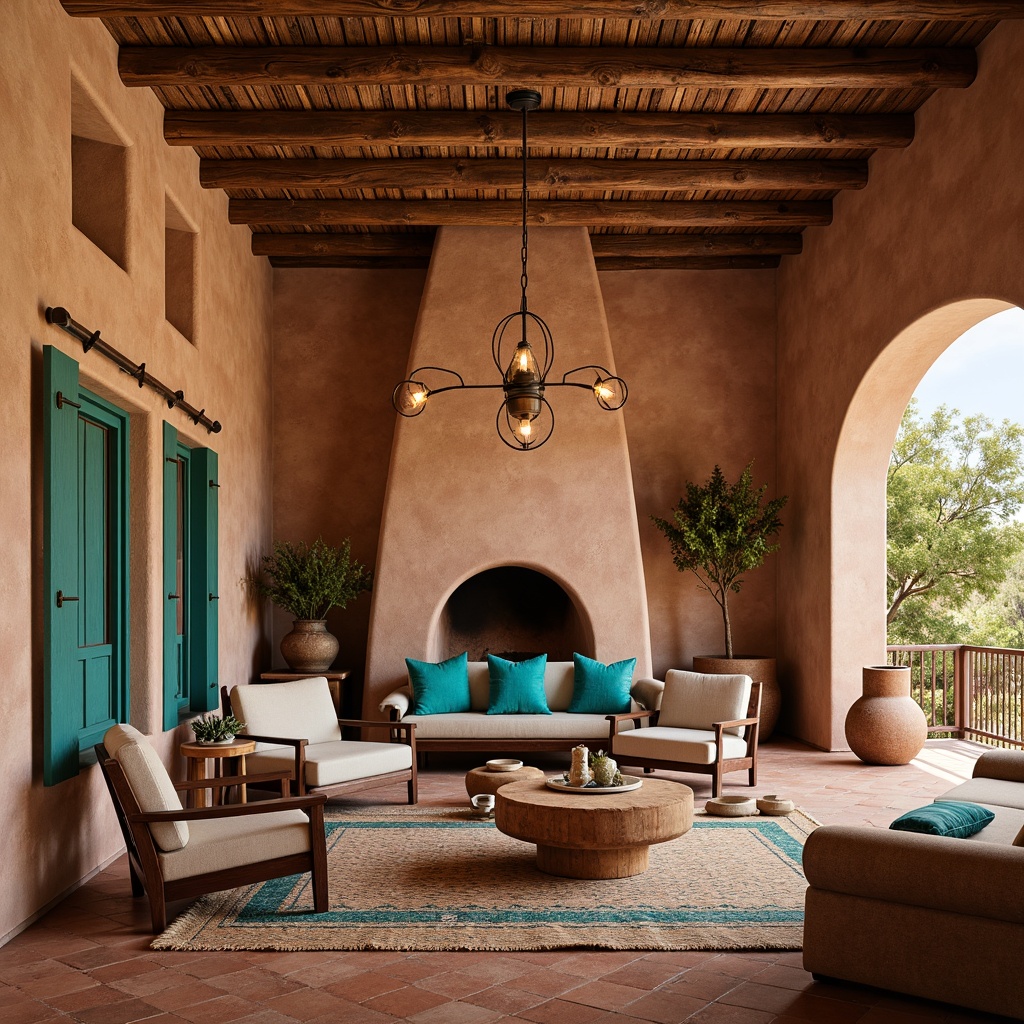 Prompt: Earthy southwestern interior, rustic wooden beams, textured adobe walls, warm terracotta floors, vibrant turquoise accents, woven Native American patterns, natural fiber rugs, plush suede upholstery, earthy ceramics, distressed leather furniture, pendant lanterns, ambient warm lighting, shallow depth of field, 1/1 composition, realistic textures, soft focus blur.