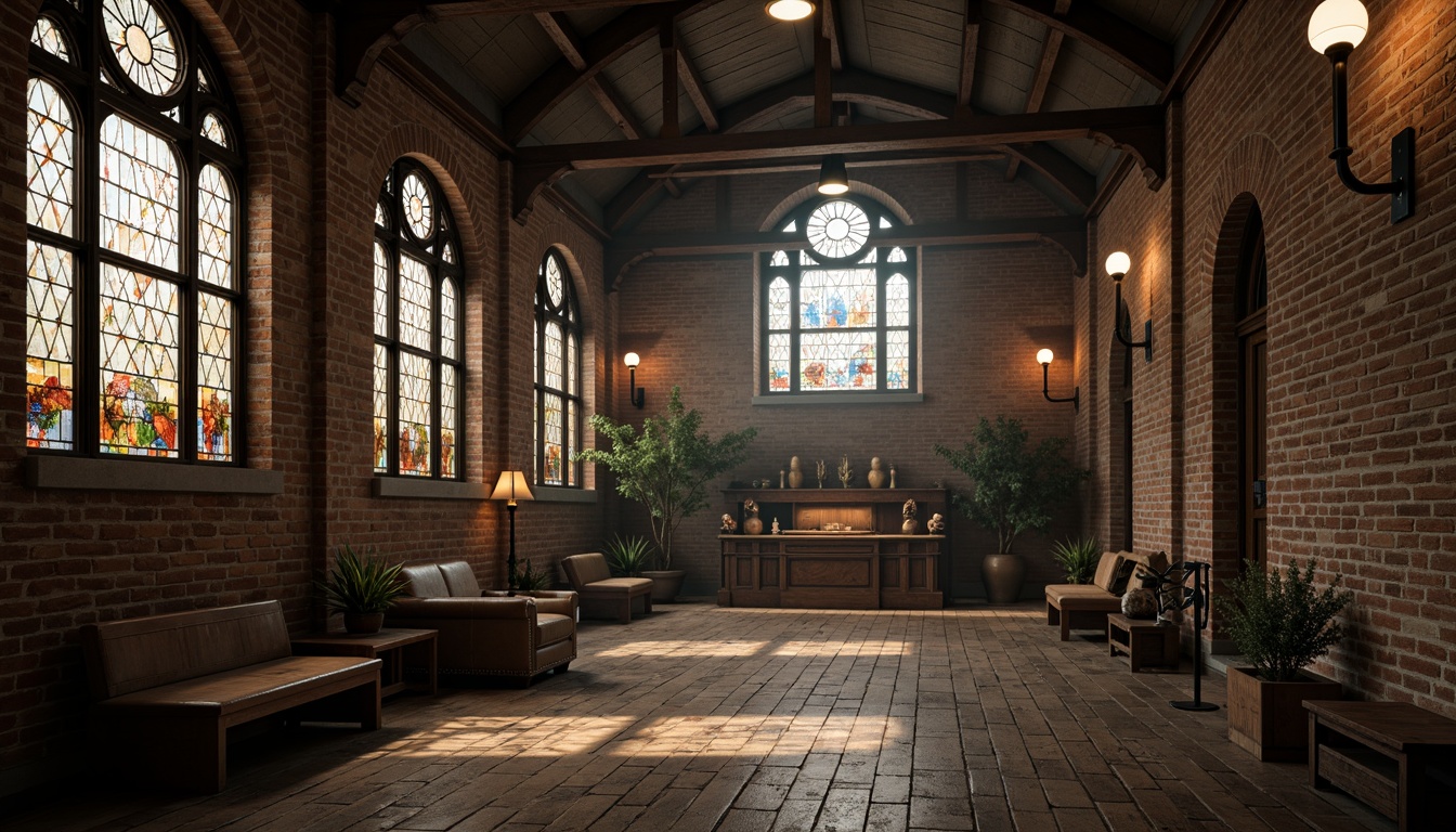 Prompt: Rustic monastery interior, exposed brick walls, steel accents, industrial pipes, reclaimed wood floors, metal beams, vaulted ceilings, stained glass windows, ornate stone carvings, dim warm lighting, atmospheric mist, shallow depth of field, 1/2 composition, realistic textures, ambient occlusion.