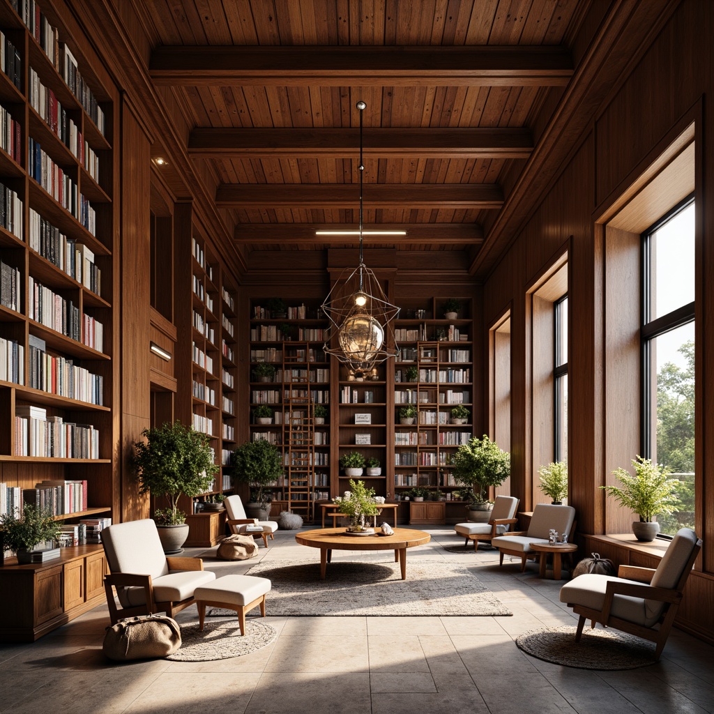 Prompt: Elegant library interior, rich wood paneling, comfortable seating areas, floor-to-ceiling bookshelves, ladders with rolling steps, warm cozy atmosphere, unique pendant lights, geometric metal fixtures, spherical glass shades, LED strip lighting, soft diffused illumination, reading nooks, study tables, ergonomic chairs, natural stone floors, plush area rugs, subtle color palette, morning sunlight, softbox lighting, shallow depth of field, 1/2 composition.