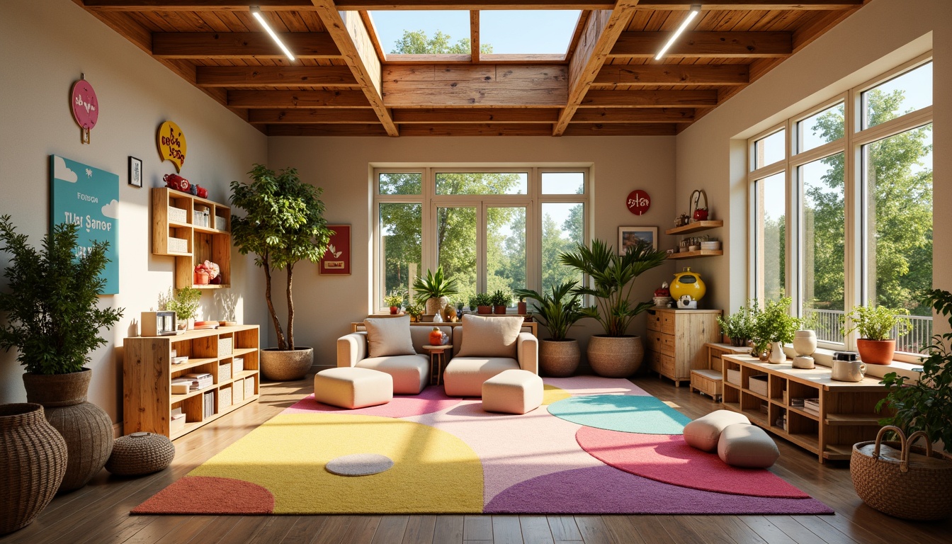 Prompt: Cozy kindergarten, rustic wooden accents, earthy color palette, abundant natural light, large windows, skylights, clerestory windows, playful nursery rhymes, whimsical wall murals, vibrant colorful rugs, soft plush toys, miniature furniture, woven baskets, nature-inspired decorations, potted plants, flower-shaped planters, sunny day, warm gentle lighting, shallow depth of field, 3/4 composition, panoramic view, realistic textures, ambient occlusion.