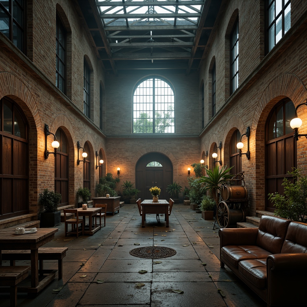 Prompt: Rustic monastery courtyard, stone brick walls, arched windows, industrial metal beams, reclaimed wood accents, vintage machinery parts, distressed leather furniture, dim warm lighting, rich textures, atmospheric fog effect, cinematic composition, ornate ironwork, Gothic-inspired architecture, mysterious ambiance, subtle color palette, abandoned factory feel, eerie silence.