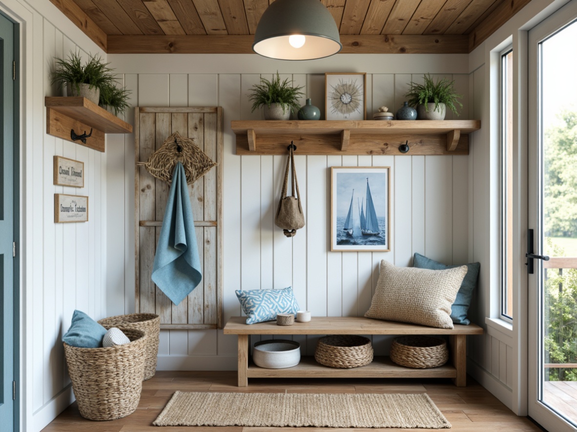 Prompt: Cozy mudroom, distressed wood accents, woven sea grass baskets, nautical rope details, ocean-inspired color palette, calming blue hues, sandy beige tones, natural textures, woven jute rugs, driftwood shelves, coastal-themed signs, functional storage benches, rustic metal hooks, warm pendant lighting, soft focus, shallow depth of field, 1/2 composition, inviting atmosphere, realistic wood grains, ambient occlusion.