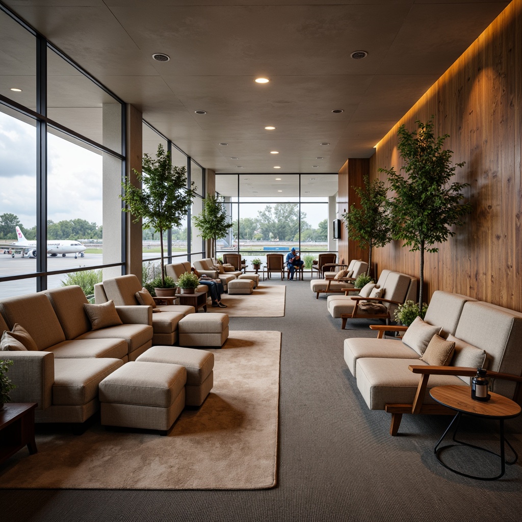 Prompt: Cozy airport lounge, plush sofas, ergonomic chairs, wooden coffee tables, potted plants, soft carpeting, calming colors, warm lighting, power outlets, USB ports, comfortable cushions, adjustable armrests, reclining seats, footrests, quiet ambiance, natural stone walls, modern minimalism, ample legroom, relaxing atmosphere, tranquil music, warm beverages, soothing scents, airport views, floor-to-ceiling windows, urban landscape.