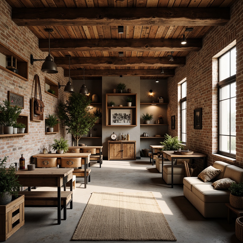 Prompt: Rustic farmhouse interior, reclaimed wood accents, metal beam ceilings, distressed brick walls, vintage industrial lighting fixtures, wooden crates, antique farming tools, earthy color palette, natural textiles, woven baskets, wooden benches, metal-legged tables, potted plants, soft warm lighting, shallow depth of field, 1/1 composition, realistic textures, ambient occlusion.