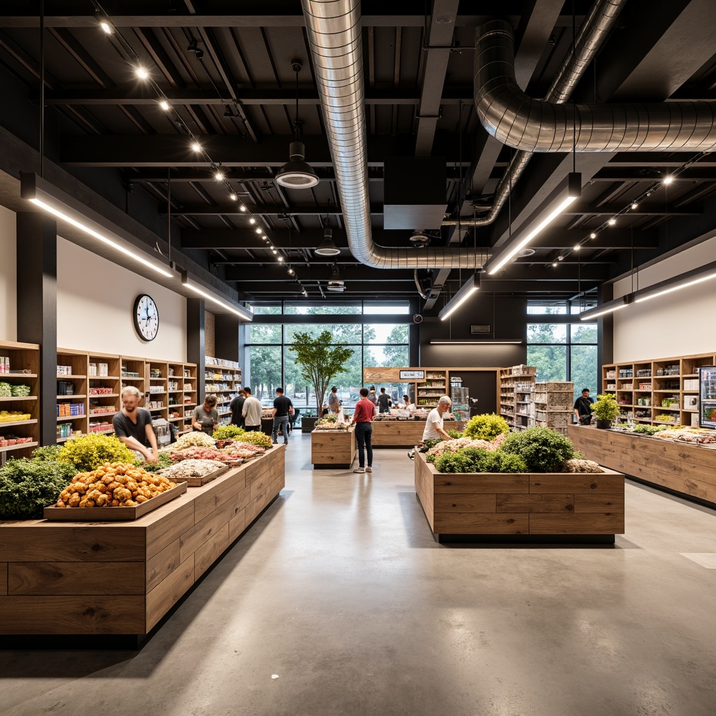 Prompt: Minimalist grocery store interior, industrial-chic aesthetic, polished concrete floors, exposed ductwork, reclaimed wood shelving, metal beams, neutral color palette, sparse product displays, modern LED lighting, sleek cash registers, geometric-shaped signage, urban loft-inspired atmosphere, natural textures, airy open space, 1/1 composition, shallow depth of field, realistic reflections, ambient occlusion.