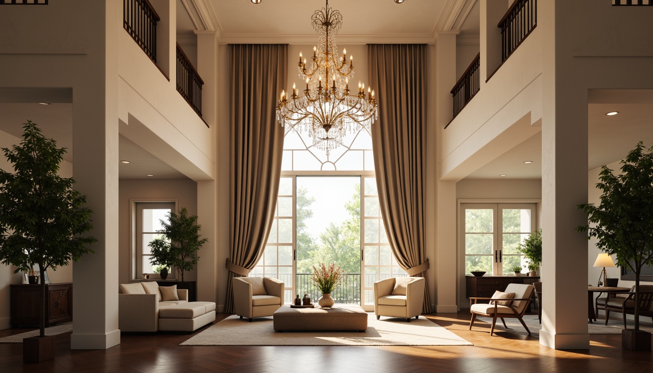 Prompt: Elegant chandelier, crystal droplets, warm soft glow, luxurious ambiance, high ceiling, grand foyer, sophisticated living room, ornate metalwork, creamy white walls, rich wood flooring, velvety drapes, subtle color palette, morning sunlight, gentle shadows, 1/1 composition, shallow depth of field, realistic textures, ambient occlusion.