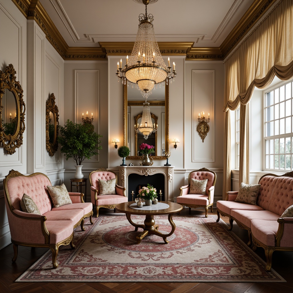 Prompt: Ornate furniture, curved silhouettes, gilded accents, velvet upholstery, tufted patterns, carved wooden legs, intricately designed mirrors, crystal chandeliers, marble tabletops, ornamental metalwork, soft pastel colors, luxurious fabrics, rich textures, golden frames, antique finishes, elegant proportions, symmetrical compositions, warm ambient lighting, dramatic shadows, 1/2 composition, shallow depth of field.