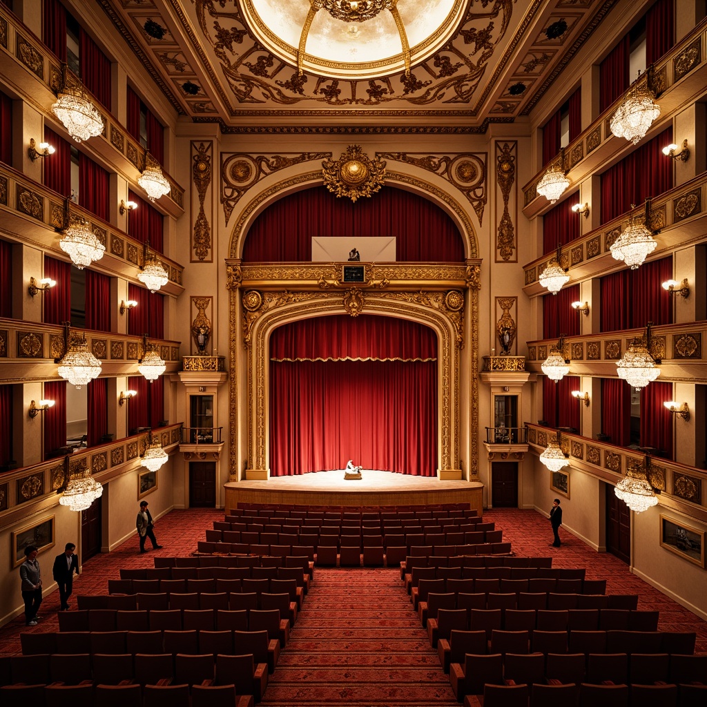 Prompt: Grand opera house, ornate architecture, red velvet curtains, gilded balconies, luxurious chandeliers, rich wood tones, intricate moldings, opulent furnishings, majestic staircase, crystal pendant lights, lavish drapery, vibrant crimson accents, warm golden lighting, shallow depth of field, 1/1 composition, realistic textures, ambient occlusion.