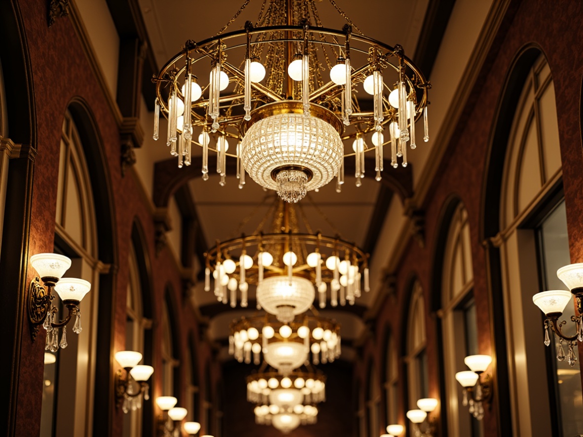 Prompt: Opulent chandeliers, geometric metalwork, crystal droplets, luxurious sconces, ornate lamp posts, metallic leaf patterns, beveled glass shades, polished chrome accents, symmetrical compositions, elegant curves, lavish ornamentation, rich velvet textiles, warm golden lighting, dramatic shadows, 1/1 composition, high-contrast ratio, realistic reflections, ambient occlusion.