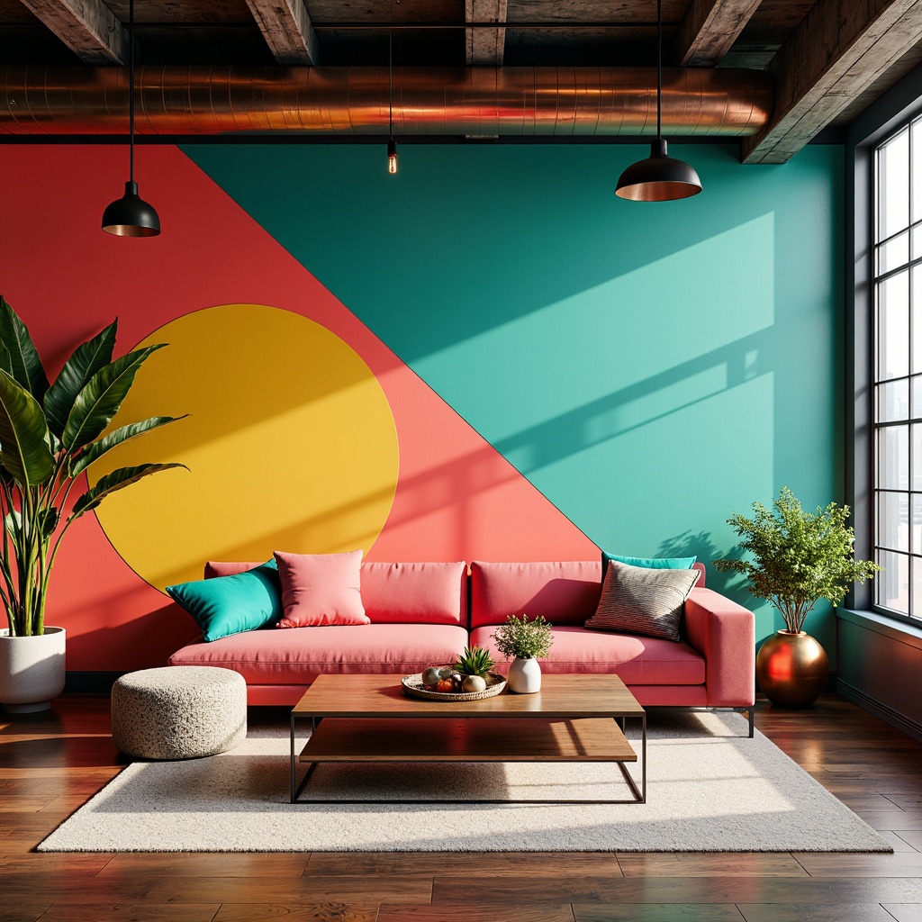 Prompt: Vibrant accent walls, bold geometric patterns, bright coral hues, turquoise highlights, sunny yellow tones, fuchsia pink pops, emerald green accents, metallic copper finishes, glossy paint textures, modern abstract art, eclectic decorative pieces, sleek minimalist furniture, natural wood flooring, industrial metal beams, urban loft atmosphere, dramatic spot lighting, high contrast color scheme, 1/1 composition, shallow depth of field, realistic material reflections.