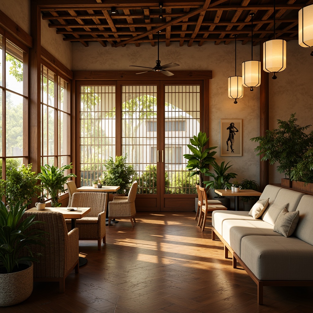 Prompt: Cozy Asian-style coffee shop interior, traditional Japanese sliding doors, wooden accents, paper lanterns, natural bamboo textures, warm beige tones, comfy cushioned sofas, low-rise tables, woven rattan chairs, lush green plants, floor-to-ceiling windows, soft warm lighting, shallow depth of field, 2/3 composition, intimate atmosphere, realistic wood grains, ambient occlusion.Let me know if this meets your expectations!