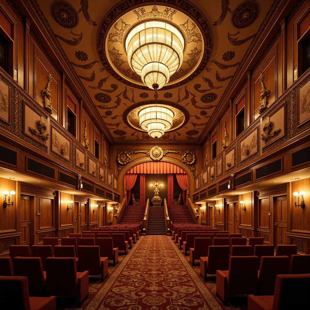 Prompt: Opulent auditorium, ornate Art Nouveau interior, grand chandeliers, intricate moldings, lavish fabrics, rich wood paneling, ornamental metalwork, acoustic diffusers, sound-absorbing materials, curved lines, organic shapes, flowing patterns, warm golden lighting, dramatic spotlights, 3-point composition, shallow depth of field, realistic textures, ambient occlusion.