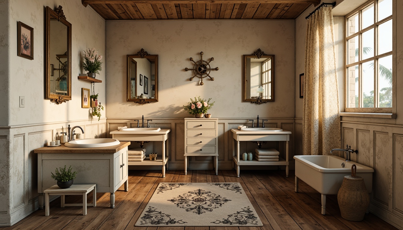 Prompt: Distressed wooden vanities, soft pastel colors, ornate metal fixtures, antique porcelain sinks, vintage floral patterns, lace curtains, rustic wooden floors, worn brick walls, distressed mirrors, candlelight ambiance, warm beige tones, gentle natural lighting, 1/1 composition, intimate atmosphere, realistic textures, ambient occlusion.