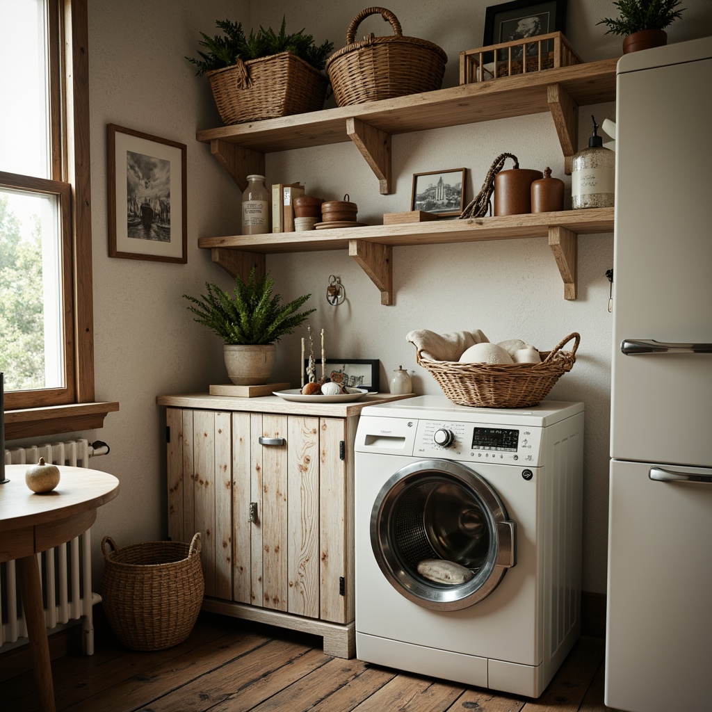 Prompt: Vintage washing machine, distressed wooden shelves, eclectic decorative items, soft pastel colors, woven baskets, natural textiles, rustic metal accents, reclaimed wood flooring, cozy warm lighting, shallow depth of field, 1/2 composition, intimate portrait view, realistic textures, ambient occlusion.