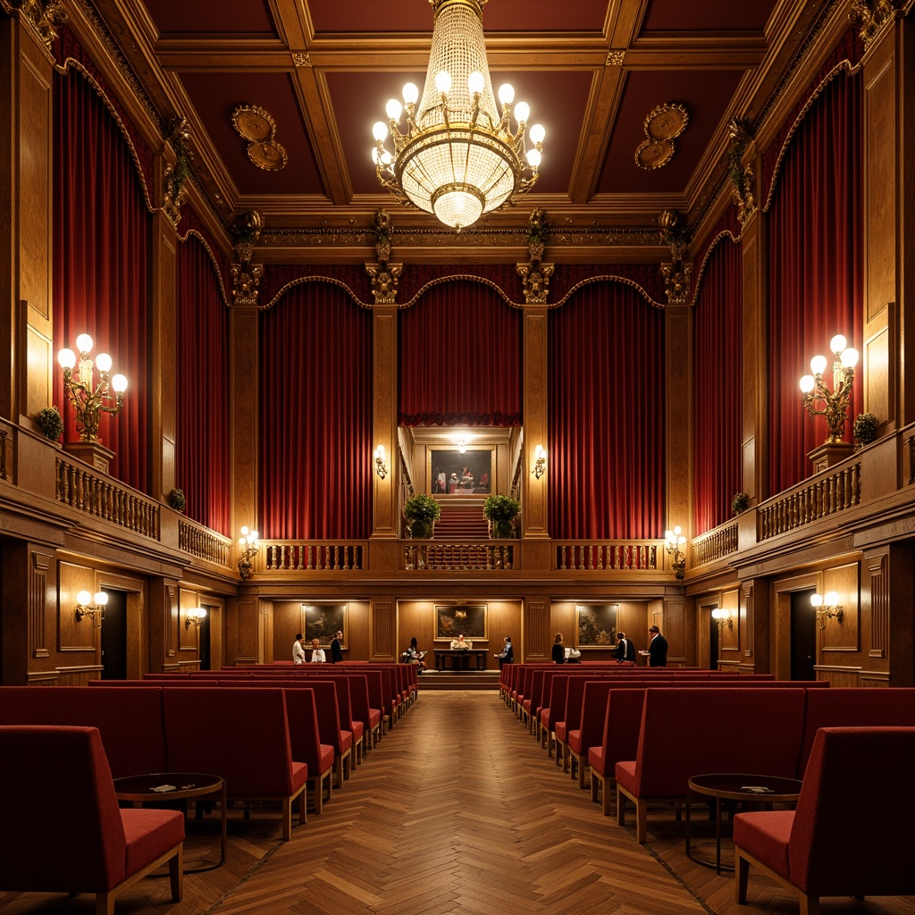 Prompt: Elegant auditorium, ornate chandeliers, rich velvet curtains, wooden paneling, traditional architecture, grand staircase, intricate carvings, ornamental moldings, luxurious seating, polished wooden floors, warm golden lighting, soft shadows, shallow depth of field, 2/3 composition, symmetrical view, realistic textures, ambient occlusion.