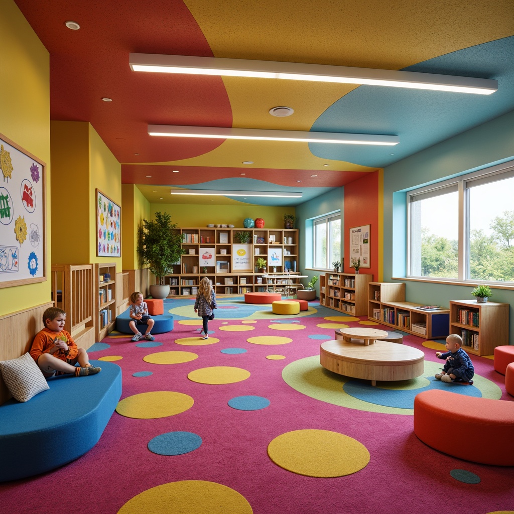 Prompt: Vibrant kindergarten interior, textured walls, colorful carpeted floors, wooden furniture, playful murals, educational charts, interactive display boards, cozy reading nooks, soft cushioned seating areas, natural wood accents, warm lighting fixtures, whimsical decorative elements, rounded edges, safety-conscious design, age-appropriate facilities, creative play zones, collaborative learning spaces, abundant storage units, durable materials, easy-to-clean surfaces, 3/4 composition, shallow depth of field, panoramic view, realistic textures, ambient occlusion.