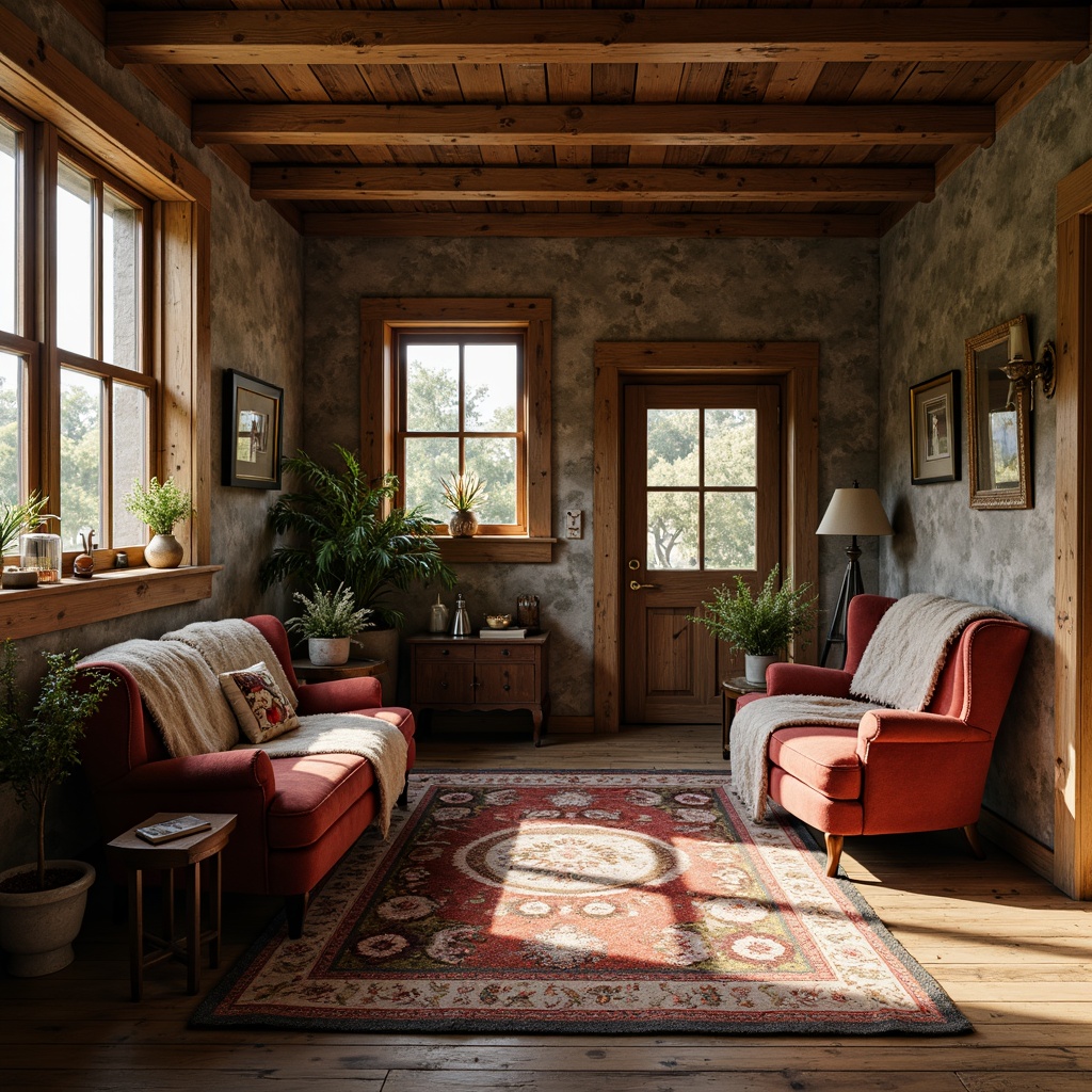 Prompt: Rustic farmhouse, distressed wood textures, vintage metal accents, earthy color palette, natural stone walls, wooden beams, country-style furniture, plush velvet fabrics, floral patterns, soft candlelight, warm afternoon sunbeams, shallow depth of field, 1/1 composition, intimate portrait view, realistic wood grain details, ambient occlusion.