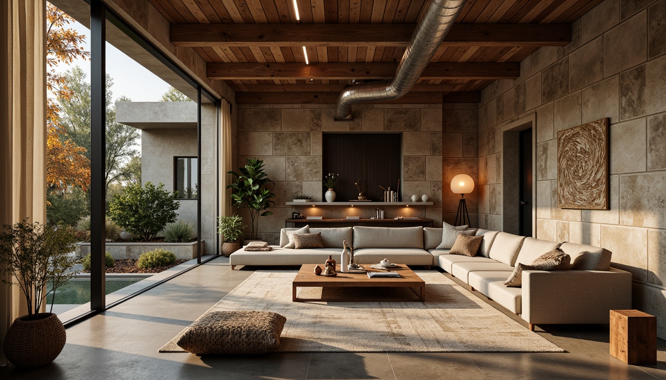 Prompt: Rustic living room, earthy color palette, natural stone walls, rough-hewn wooden accents, cozy atmosphere, warm ambient lighting, plush furniture, woven textiles, organic shapes, modern industrial chic, exposed ductwork, polished concrete floors, distressed wood ceiling, soft warm glow, shallow depth of field, 1/1 composition, realistic textures, subtle shadowing.