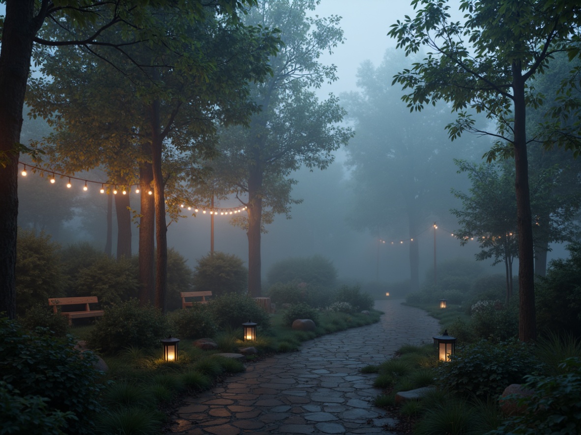 Prompt: Ethereal misty forest, soft warm glow, twinkling string lights, lantern-style lamps, rustic wooden benches, natural stone pathways, foggy atmosphere, mysterious twilight, subtle color palette, pastel hues, creamy whites, gentle ambient lighting, 1/1 composition, shallow depth of field, realistic textures, volumetric fog.