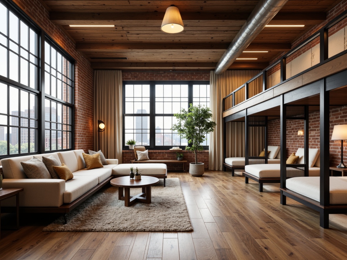 Prompt: Cozy dormitory interior, wooden flooring, polished chrome fixtures, soft carpeting, minimalist furniture, industrial-chic metal accents, exposed brick walls, reclaimed wood ceiling, earthy tone color palette, warm LED lighting, plush upholstery, natural fiber textiles, rustic wood grain patterns, distressed finish, matte black hardware, oversized windows, urban loft-inspired design, modern Scandinavian aesthetic.