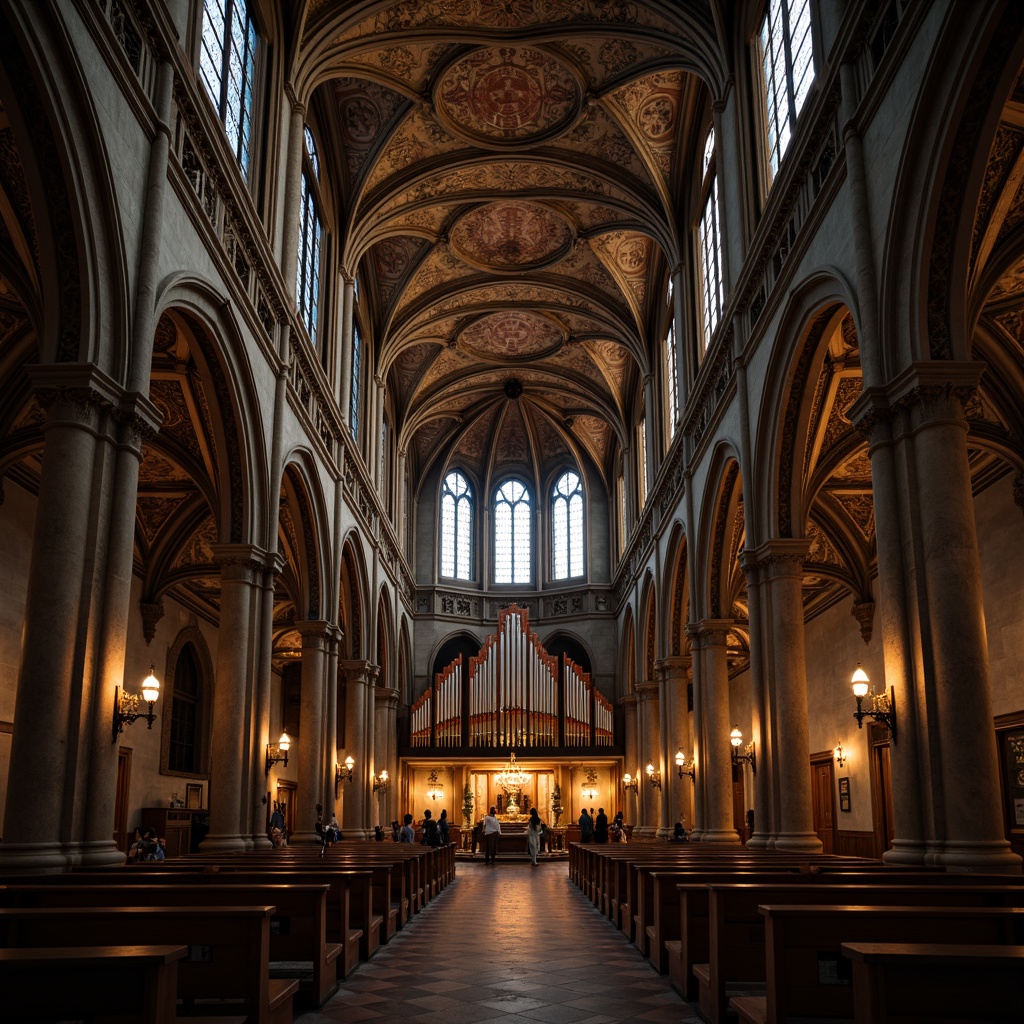 Prompt: Grand cathedral interior, vaulted ceilings, stained glass windows, ornate stone carvings, intricate mosaics, dim warm lighting, solemn atmosphere, spiritual ambiance, elegant arches, ribbed vaults, ornamental columns, gilded details, sacred relics, majestic organ pipes, subtle incense aroma, soft golden light, shallow depth of field, 1/1 composition, symmetrical view, realistic textures, ambient occlusion.