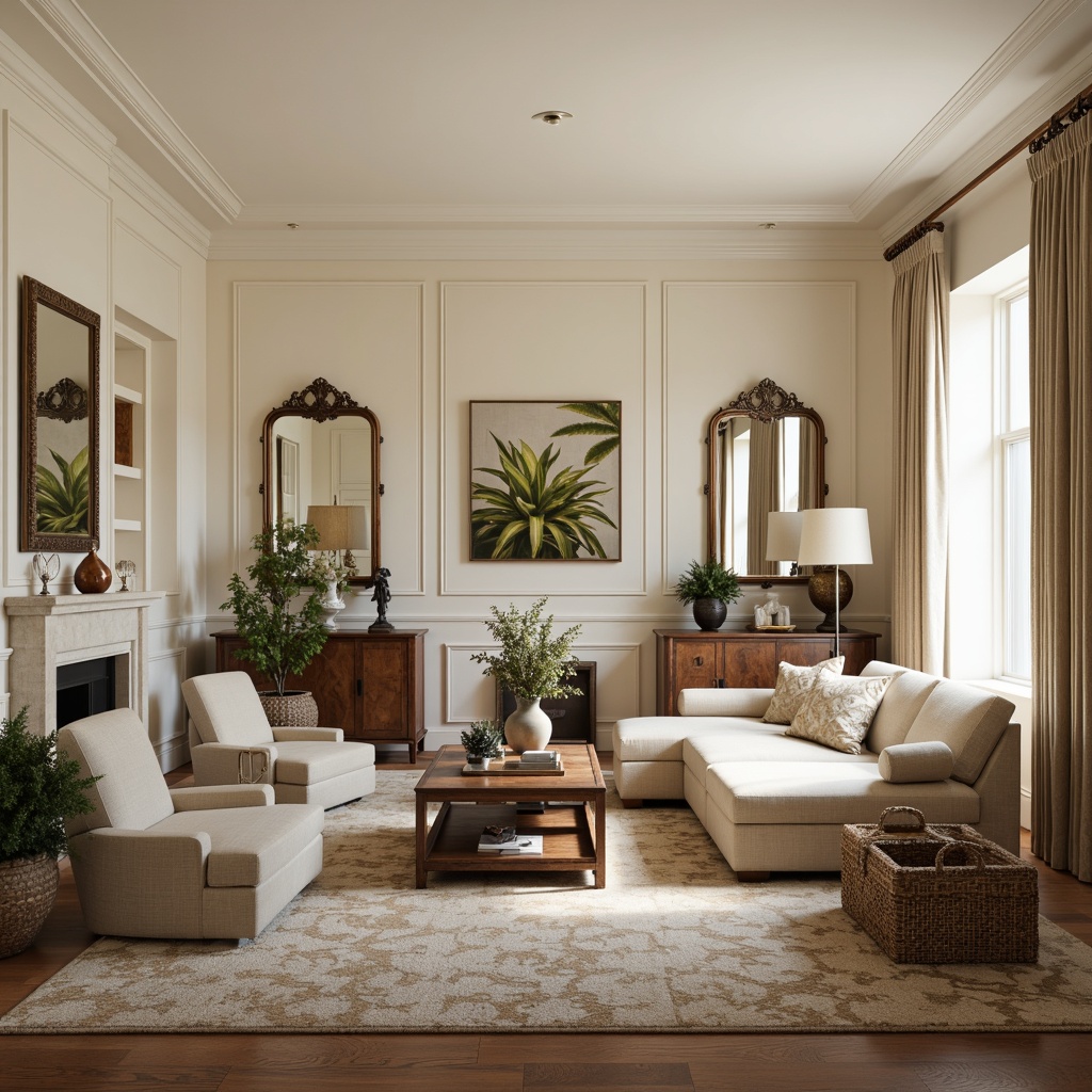 Prompt: Elegant living room, neutral color palette, comfortable sectional sofa, accent chairs, wooden coffee table, patterned rug, floor lamps, cream-colored walls, beige curtains, natural textiles, woven baskets, decorative vases, ornate mirrors, metallic accents, bronze statues, botanical prints, soft warm lighting, shallow depth of field, 1/1 composition, realistic textures, ambient occlusion.