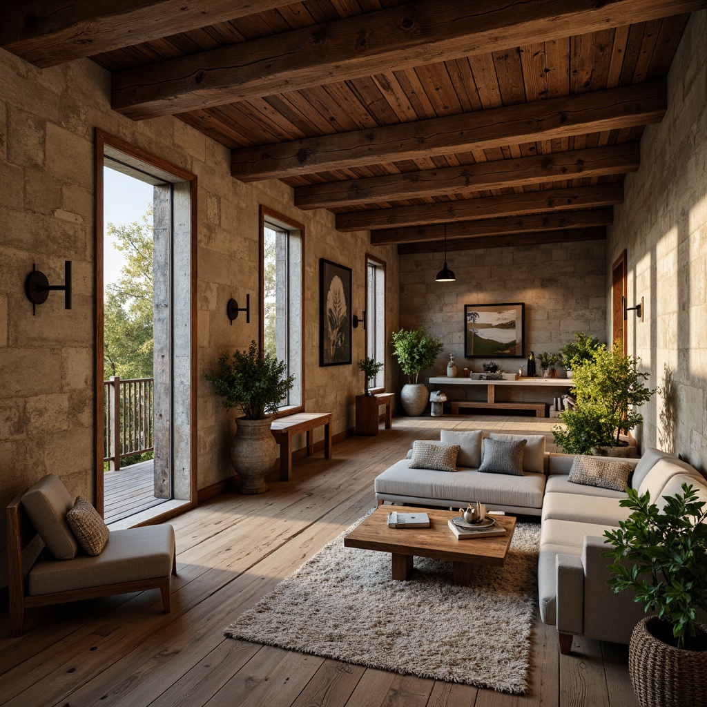 Prompt: Rustic wooden accents, distressed textures, earthy color palette, natural stone walls, reclaimed wood flooring, vintage metal fixtures, woven textiles, botanical patterns, warm ambient lighting, soft warm glow, shallow depth of field, 3/4 composition, realistic materials, ambient occlusion.