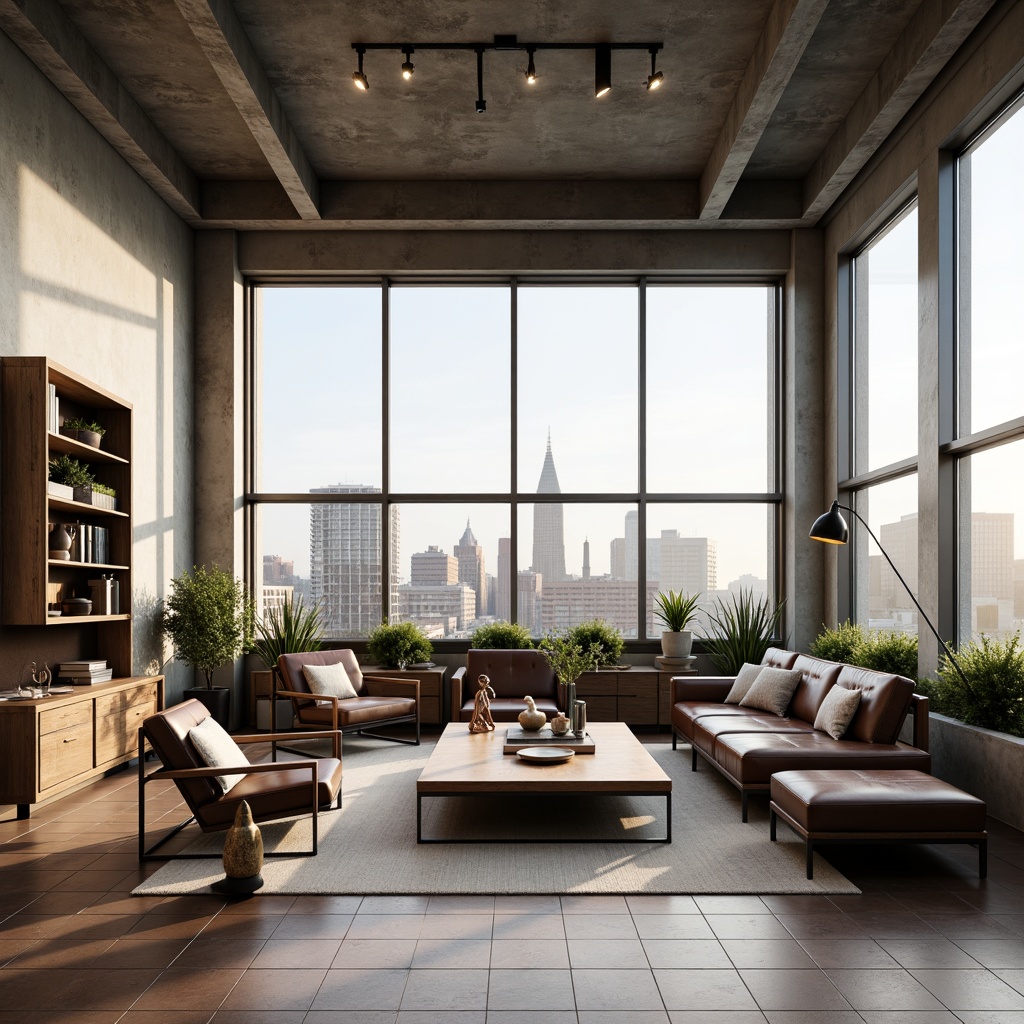 Prompt: Minimalist living room, functional furniture, geometric shapes, tubular steel frames, leather upholstery, industrial materials, neutral color palette, rectangular coffee tables, adjustable floor lamps, built-in shelving units, open storage compartments, clean lines, minimalist decor, abundant natural light, large windows, urban loft setting, modern cityscape views, soft warm lighting, 1/1 composition, realistic textures, ambient occlusion.