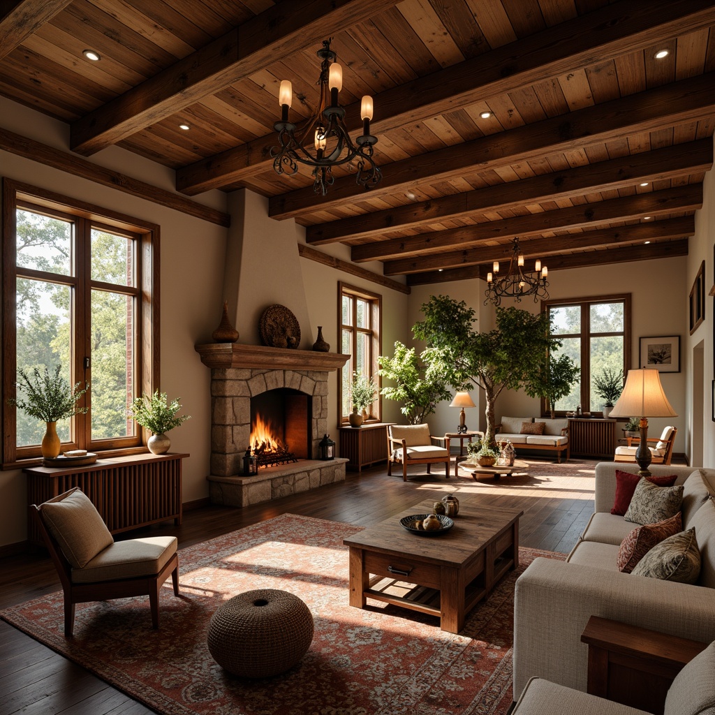 Prompt: Cozy living room, warm wood tones, rustic wooden beams, stone fireplace, plush furnishings, vintage decorative items, soft warm lighting, table lamps, floor lamps, pendant lights, natural textiles, woven baskets, earthy color palette, comfortable seating areas, richly stained wood accents, ornate metal fixtures, inviting atmosphere, relaxed ambiance, 1/1 composition, shallow depth of field, realistic textures, ambient occlusion.