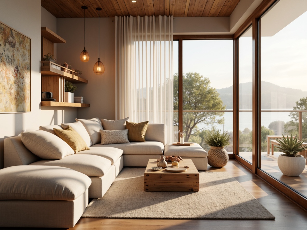 Prompt: Cozy Nordic interior, soft warm lighting, minimalist decor, natural wood accents, creamy whites, gentle pastels, woven textiles, candles, pendant lamps, floor-to-ceiling windows, sheer curtains, morning sunlight, atmospheric shadows, 1/1 composition, subtle color grading, realistic reflections, ambient occlusion.