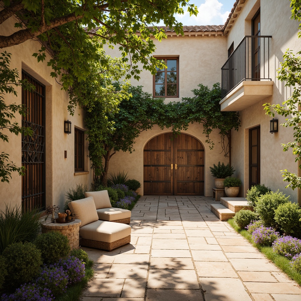 Prompt: Rustic French country estate, stone-paved courtyard, ornate iron gates, distressed wood doors, elegant tile patterns, soft warm beige tones, natural terracotta flooring, vintage decorative accents, lush greenery, climbing vines, blooming flowers, warm sunny afternoon, soft diffused lighting, 1/1 composition, intimate focal length, realistic textures, ambient occlusion.