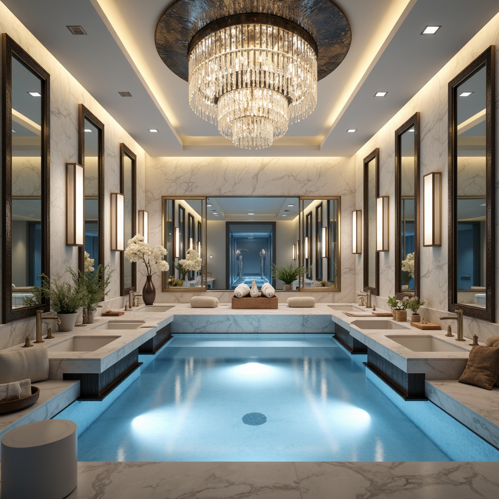 Prompt: Luxurious bathroom, elegant vanity area, ornate mirrors, polished chrome fixtures, crystal chandeliers, soft warm glow, ambient lighting, LED strips, frosted glass shades, metallic accents, marble countertops, minimalist design, spa-like atmosphere, relaxing ambiance, gentle water sounds, nature-inspired color palette, calming blue hues, serene white tones, 3/4 composition, shallow depth of field, realistic textures, ambient occlusion.