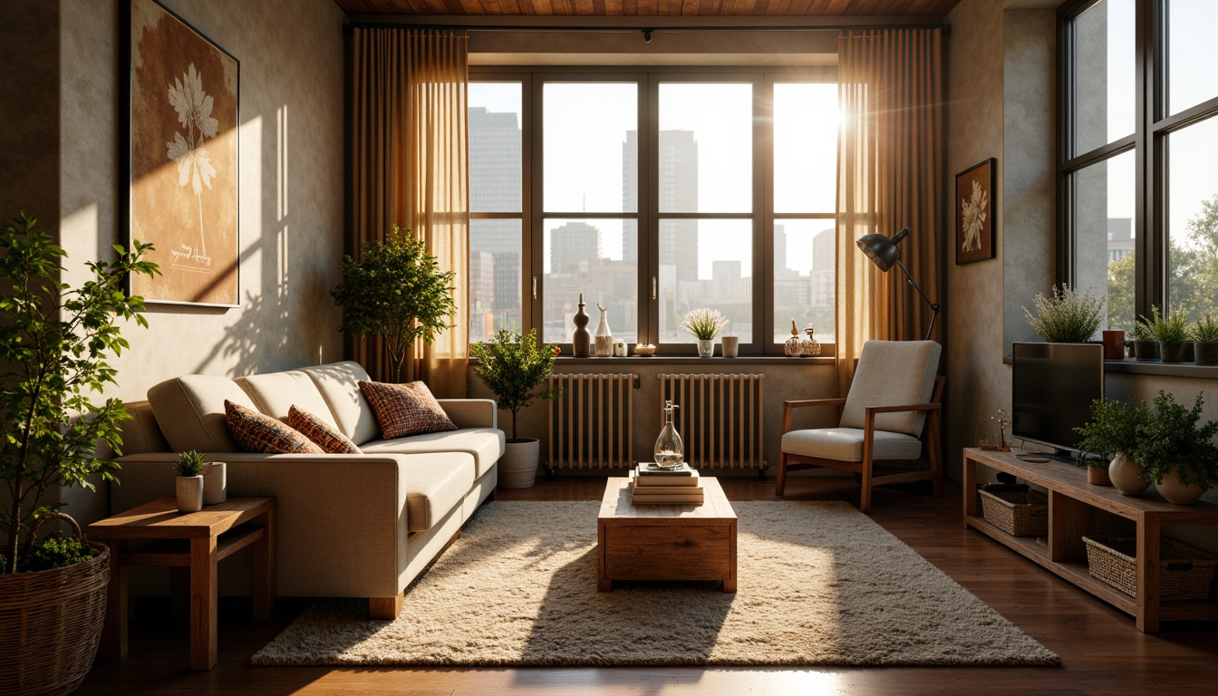 Prompt: Cozy apartment, warm lighting, plush area rug, comfortable couch, soft cushions, wooden coffee table, potted plants, natural textiles, earthy color palette, rustic decorative accents, woven baskets, vintage items, dimmable lamps, floor-to-ceiling windows, cityscape views, gentle morning sunlight, subtle shadows, 1/1 composition, intimate atmosphere, realistic render.