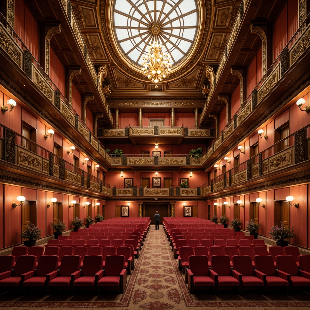 Prompt: Grand auditorium, traditional ornate details, luxurious red velvet seats, golden trimmings, intricate carvings, majestic chandeliers, high ceilings, ornate balconies, curved staircases, rich wood tones, elegant drapery, subtle warm lighting, shallow depth of field, 1/2 composition, symmetrical layout, realistic textures, ambient occlusion.