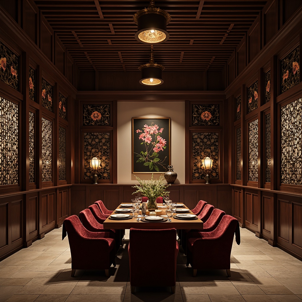 Prompt: Traditional Asian-style dining hall, dark wood accents, rich velvet fabrics, intricately carved wooden panels, ornate lanterns, golden metal ornaments, elegant porcelain vases, natural stone flooring, bamboo-inspired wallpaper, subtle cherry blossom patterns, warm soft lighting, shallow depth of field, 1/1 composition, realistic reflections, ambient occlusion.