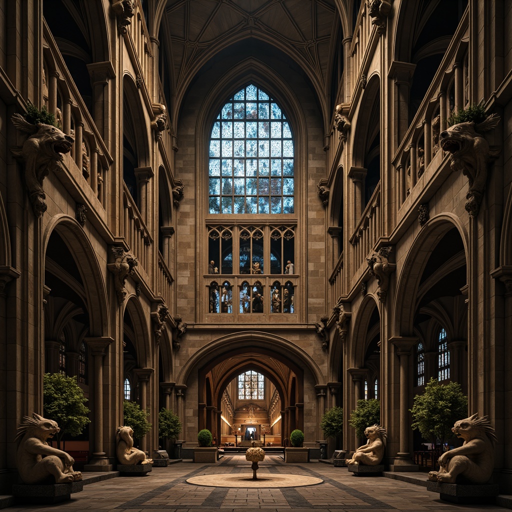 Prompt: Gothic cathedral, stone gargoyles, grotesque sculptures, mythical creatures, water spouts, grandiose architecture, ribbed vaults, flying buttresses, stained glass windows, intricate carvings, mystical atmosphere, dim warm lighting, high contrast shadows, 1/2 composition, symmetrical framing, ornate details, ancient mythology, weathered stone textures.