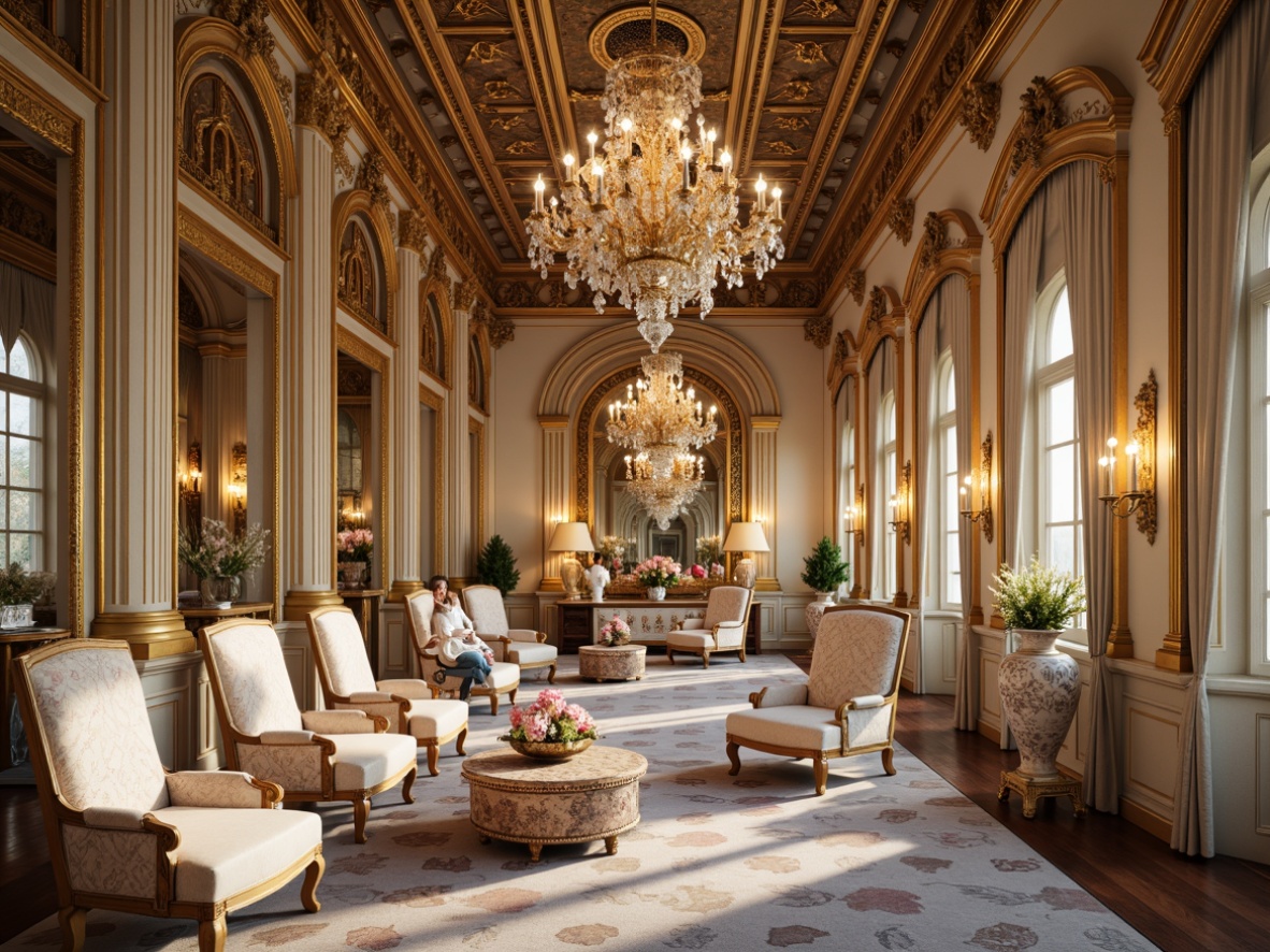 Prompt: Ornate palace interior, lavish furnishings, intricately carved wooden panels, gilded mirrors, ornamental chandeliers, delicate porcelain vases, soft pastel colors, curved lines, asymmetrical compositions, whimsical shell motifs, romantic candlelight, 1/1 composition, shallow depth of field, warm golden lighting, realistic textures, ambient occlusion.