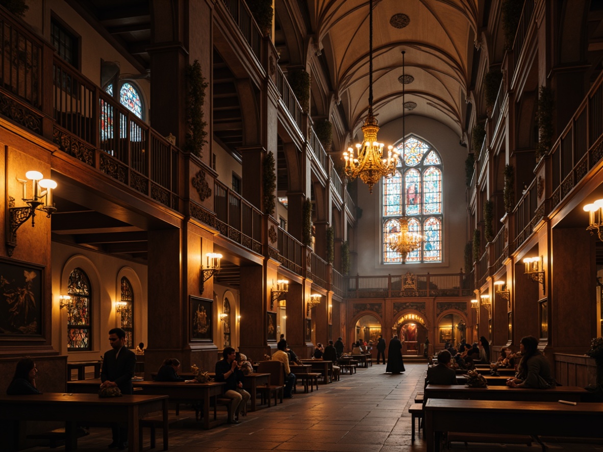 Prompt: Elegant Gothic interior, grand chandeliers, warm candlelight, dimmable sconces, ornate metalwork, rich wood tones, stained glass windows, dramatic vaulted ceilings, mysterious shadows, soft luminescence, golden accents, intricate stone carvings, mystical ambiance, warm color palette, subtle spotlighting, layered lighting effects, 1/2 composition, atmospheric rendering.