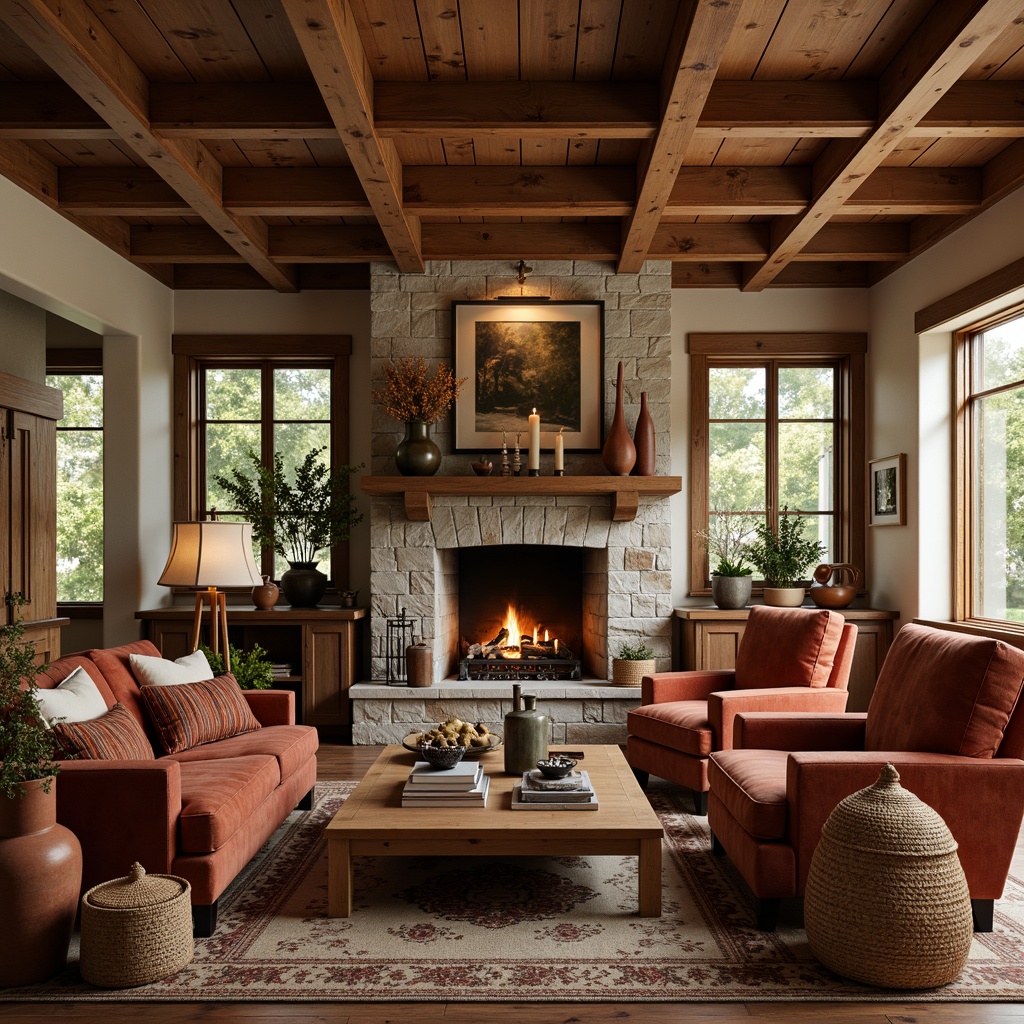 Prompt: Earth-toned craftsman style interior, warm wooden accents, exposed beam ceilings, natural stone fireplaces, plush velvet furnishings, rich leather upholstery, distressed wood finishes, vintage metal hardware, earthy terracotta pottery, woven wicker baskets, soft candlelight, 1/2 composition, shallow depth of field, realistic textures, ambient occlusion.