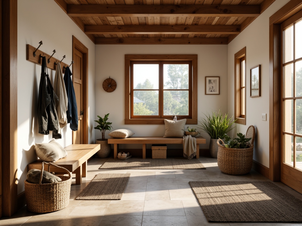 Prompt: Cozy mudroom, natural stone flooring, earthy tones, rustic wooden accents, woven baskets, plush area rugs, warm lighting, soft shadows, 3/4 composition, shallow depth of field, realistic textures, ambient occlusion, water-resistant materials, easy cleaning surfaces, durable finishes, slip-resistant coatings, functional storage benches, decorative wall hooks, outdoor-inspired decor.